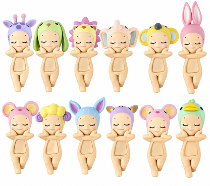 Sonny Angel HIPPERS Dreaming Series full line-up of 12 pastel animal figures including Duck, Rabbit, Elephant and Giraffe on white background