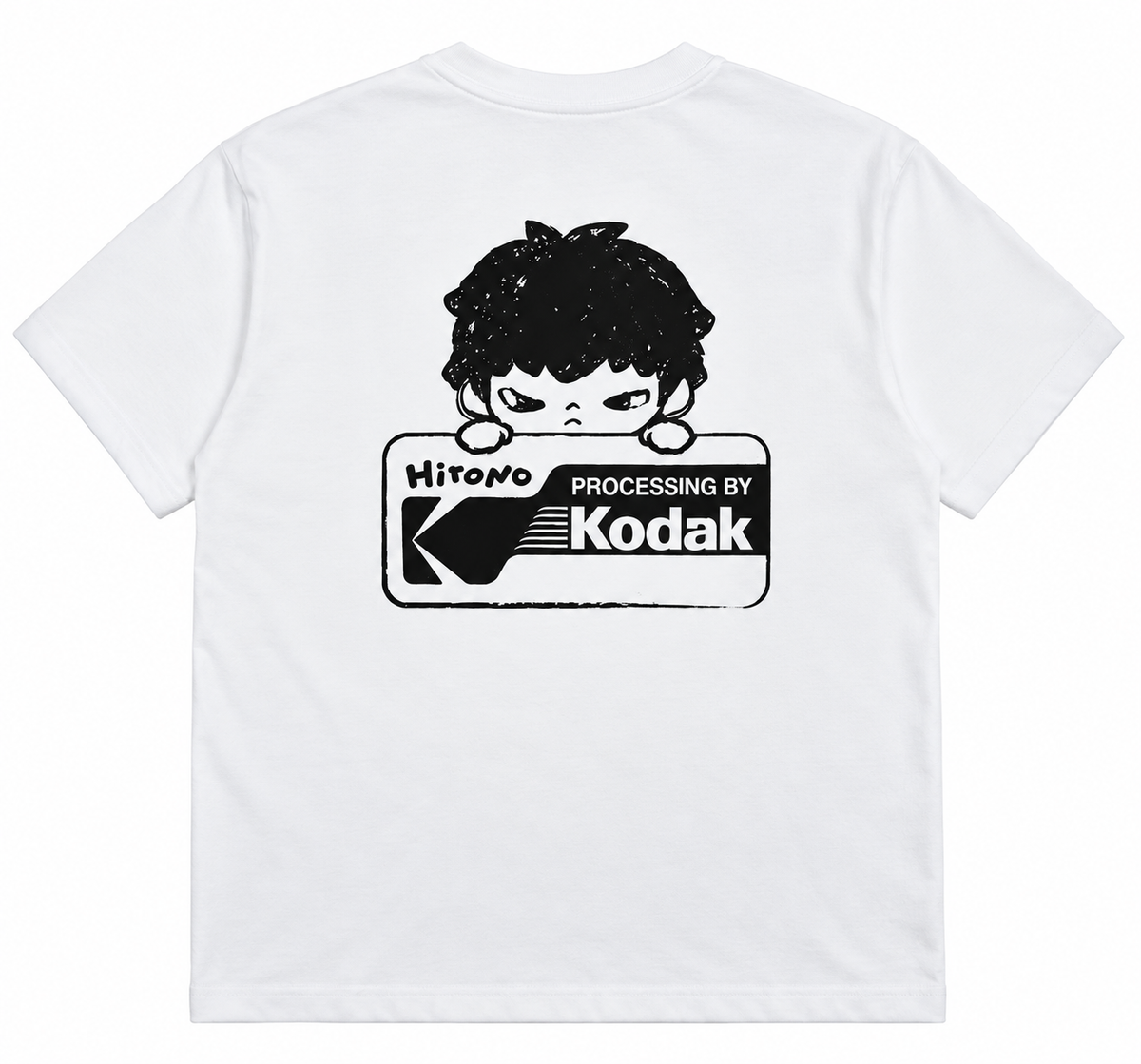 White unisex HIRONO T-shirt featuring a large vintage Kodak-inspired graphic on the back with distressed monochrome character artwork.