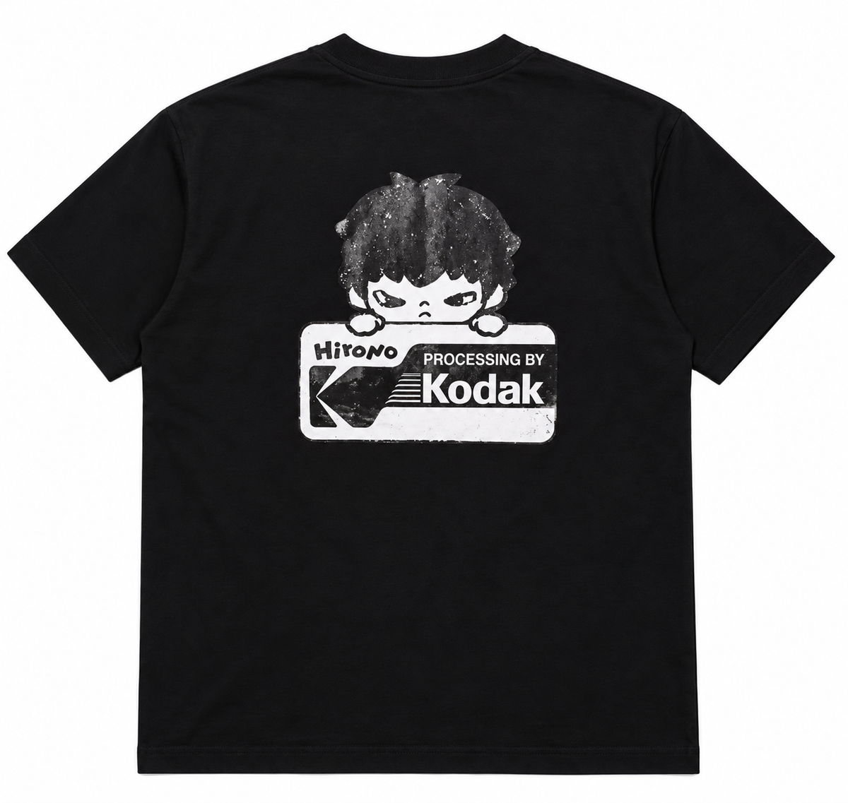 Black unisex HIRONO T-shirt featuring a large vintage Kodak-inspired graphic on the back with distressed monochrome character artwork.