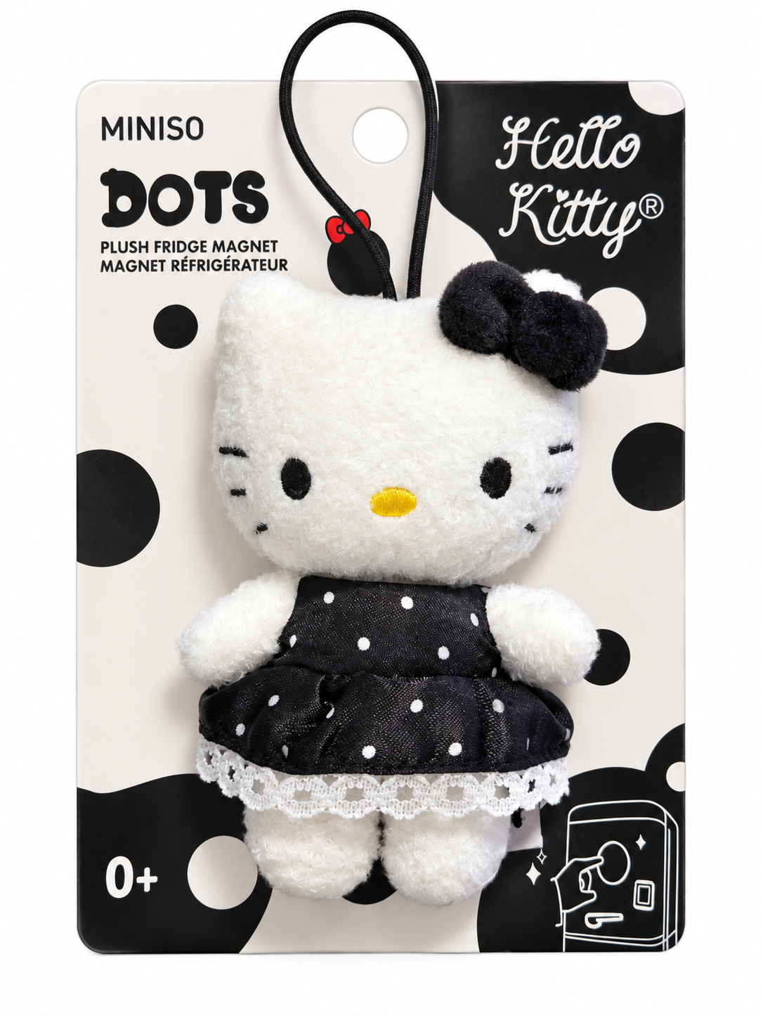 MINISO Hello Kitty Polka Dot Collection 9cm plush bag charm and fridge magnet featuring black and white polka-dot dress, matching bow and original backing card.