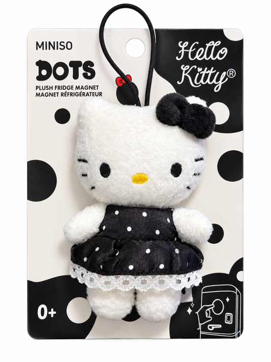 MINISO Hello Kitty Polka Dot Collection 9cm plush bag charm and fridge magnet featuring black and white polka-dot dress, matching bow and original backing card.