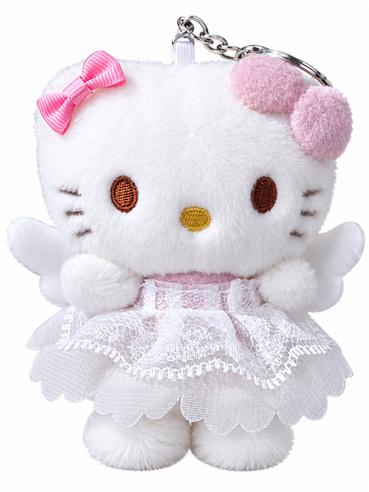 White kitty angel mini plush keychain with pink bows, white wings and layered lace dress on a white background.