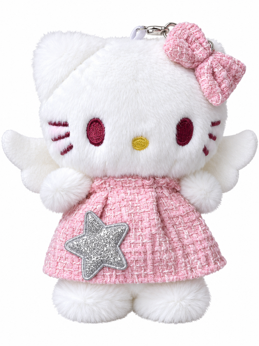 White kawaii kitty angel mini plush keychain wearing a pink dress with silver glitter star and white wings on a white background.