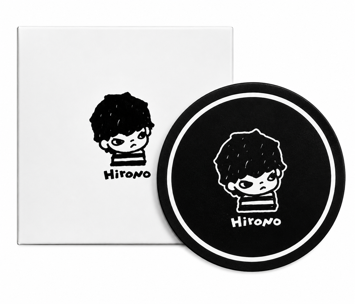 POP MART HIRONO black ceramic coaster displayed with white HIRONO presentation box on a white background