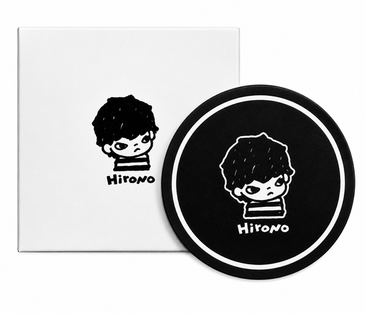 POP MART HIRONO black ceramic coaster displayed with white HIRONO presentation box on a white background