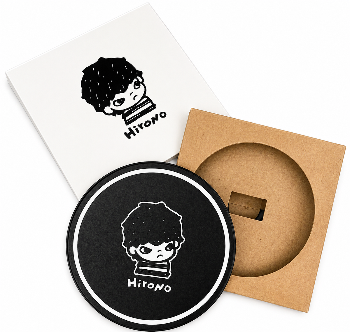 POP MART HIRONO black ceramic coaster with original white box and brown protective insert on a white background