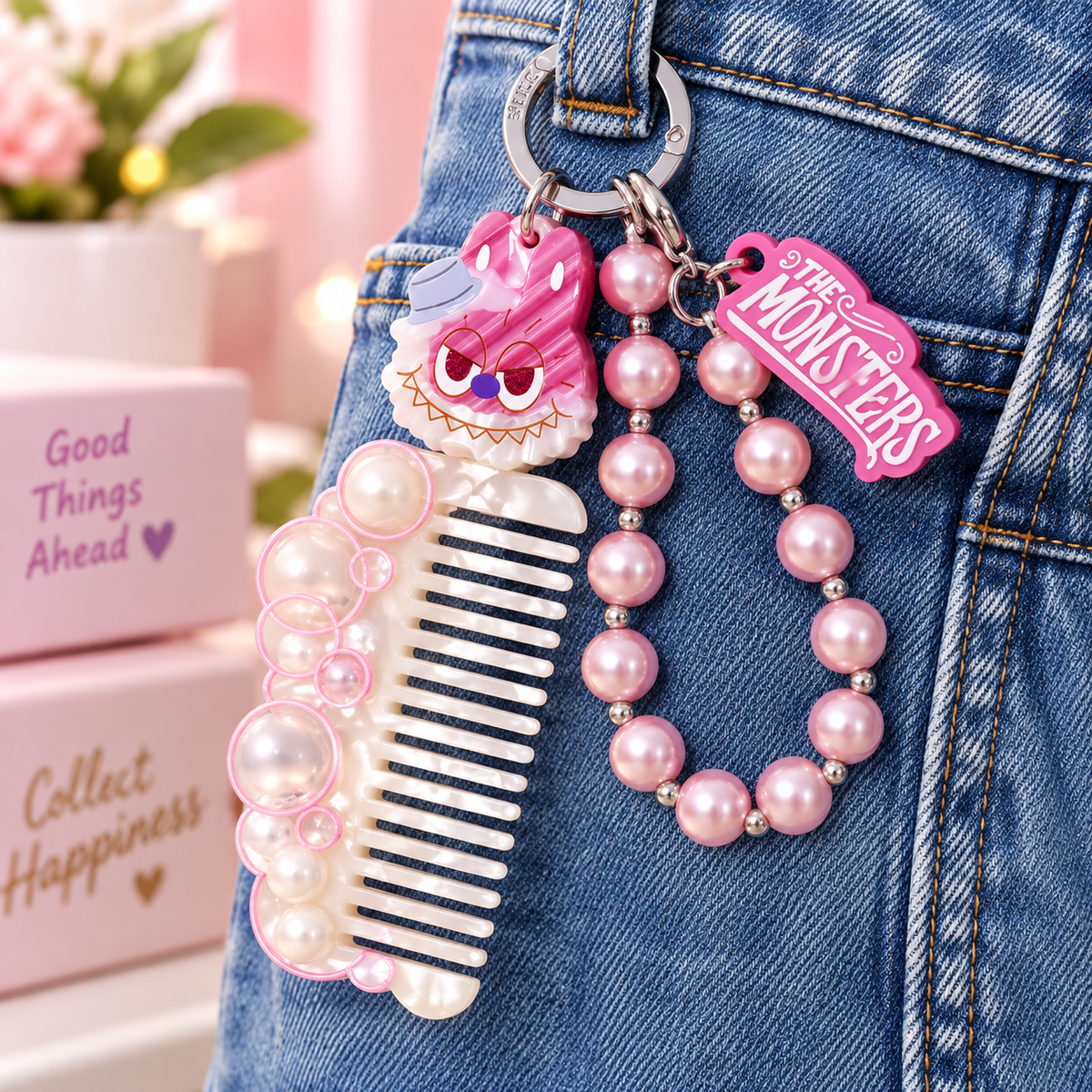 POP MART Cowawa Beauty Specialist Hair Salon pendant displayed on denim