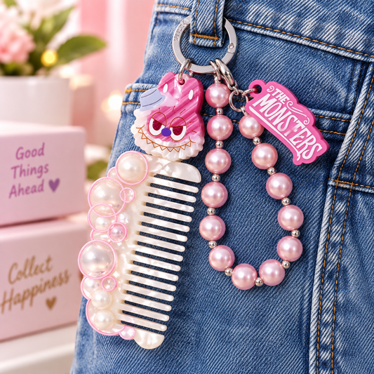 POP MART Cowawa Beauty Specialist Hair Salon pendant displayed on denim