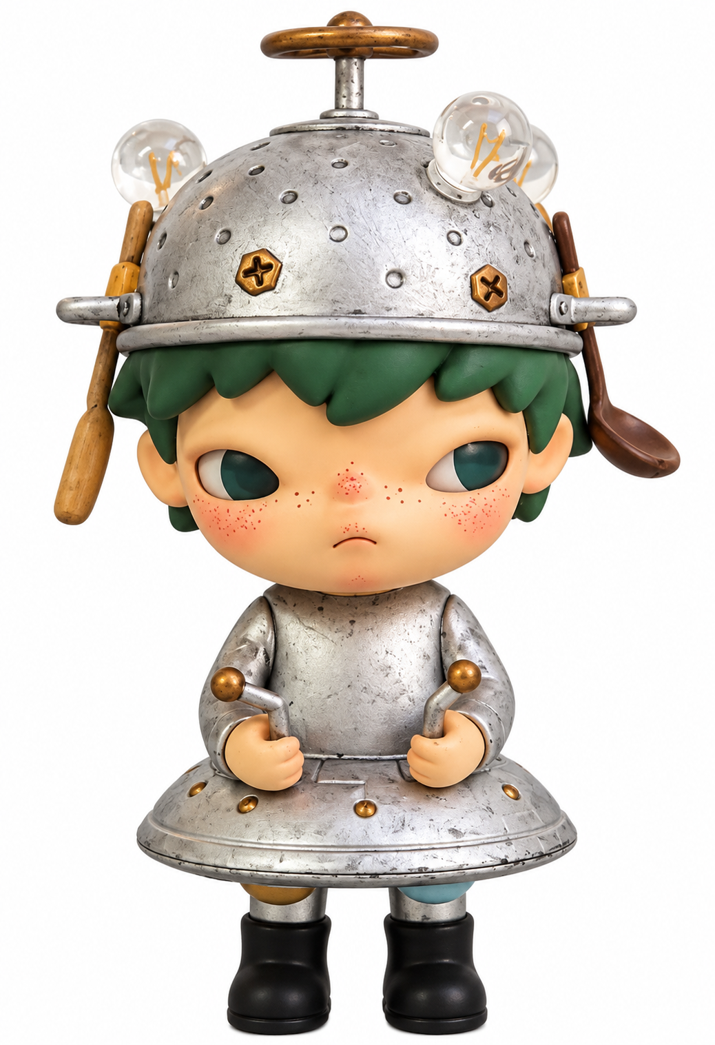 POP MART Hirono Shelter Series Alien collectible figure featuring green hair, freckles, silver mechanical helmet and futuristic metallic outfit.
