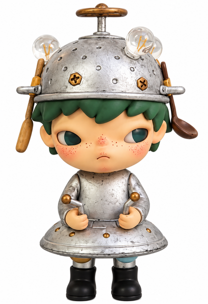POP MART Hirono Shelter Series Alien collectible figure featuring green hair, freckles, silver mechanical helmet and futuristic metallic outfit.