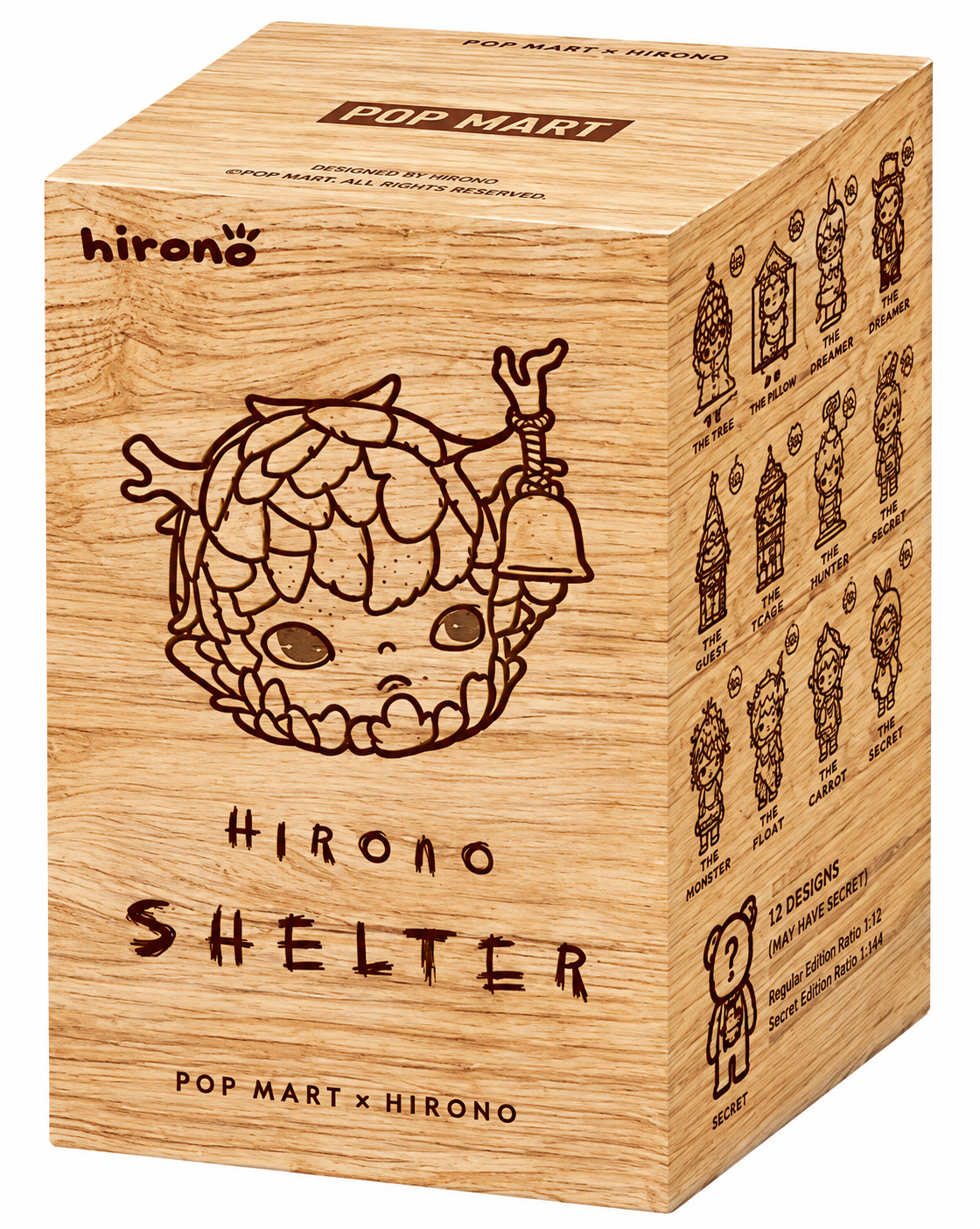 POP MART Hirono Shelter Series original wood-effect blind box packaging featuring illustrated Hirono artwork and collection designs.