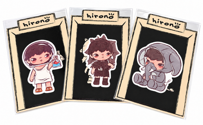 Three Pop Mart Hirono City of Mercy collectible jelly stickers from 2023 featuring Echo, Fallen Angel and Comfortably Numb in original illustrated packaging.