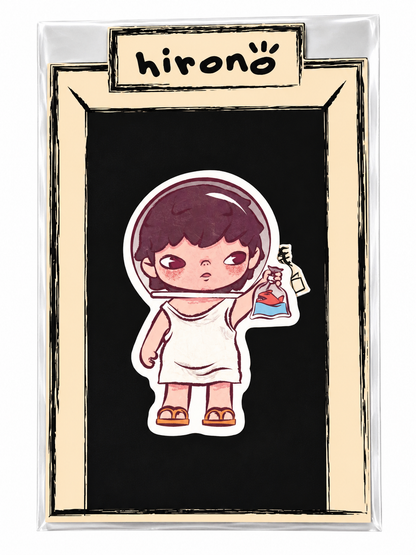 Pop Mart Hirono City of Mercy Echo collectible jelly sticker featuring Hirono in a white outfit holding a small fish, presented on original black and cream backing card.