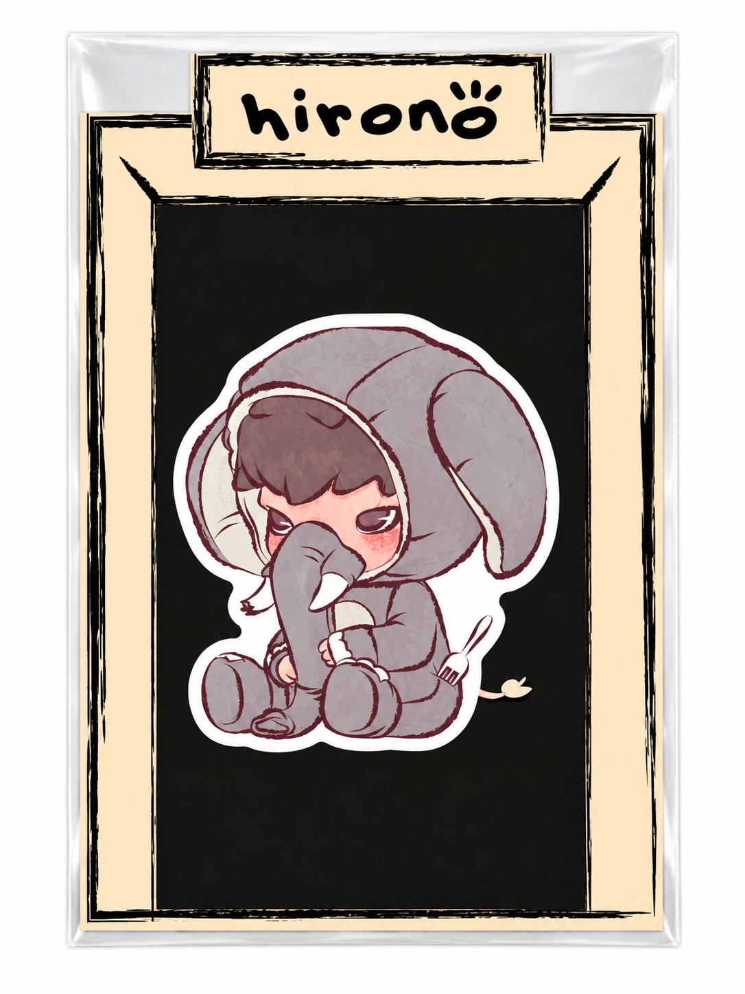 Pop Mart Hirono City of Mercy Comfortably Numb collectible jelly sticker featuring Hirono dressed in a grey elephant costume, presented on original illustrated backing card.
