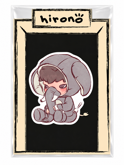 Pop Mart Hirono City of Mercy Comfortably Numb collectible jelly sticker featuring Hirono dressed in a grey elephant costume, presented on original illustrated backing card.