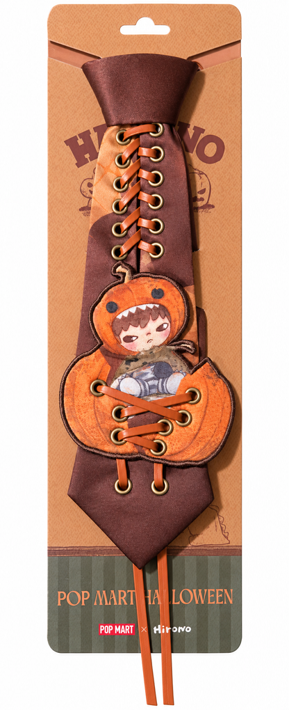 POP MART Hirono Halloween limited-edition tie featuring pumpkin character design on original cardboard backing.