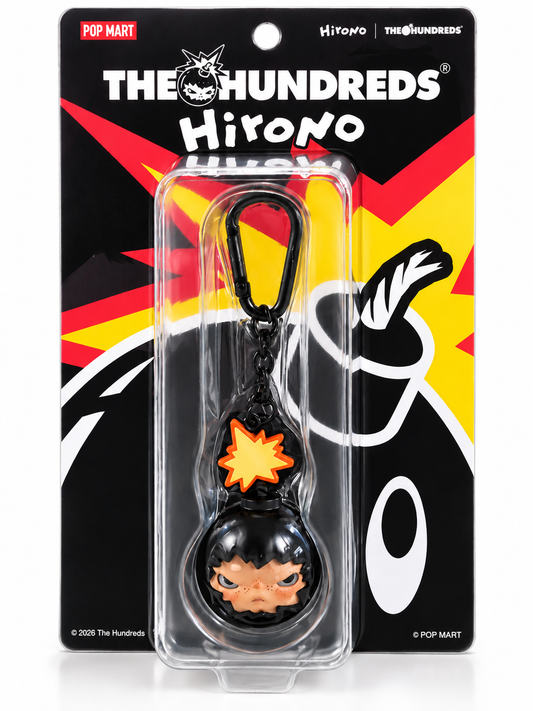 Brand new POP MART HIRONO × The Hundreds Adam Bomb pendant keychain in original black, red and yellow collaboration packaging.
