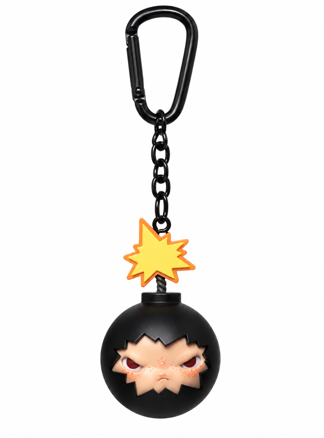 POP MART HIRONO × The Hundreds Adam Bomb pendant keychain with black bomb design, angry HIRONO face, yellow explosion detail and black carabiner clip on white background.