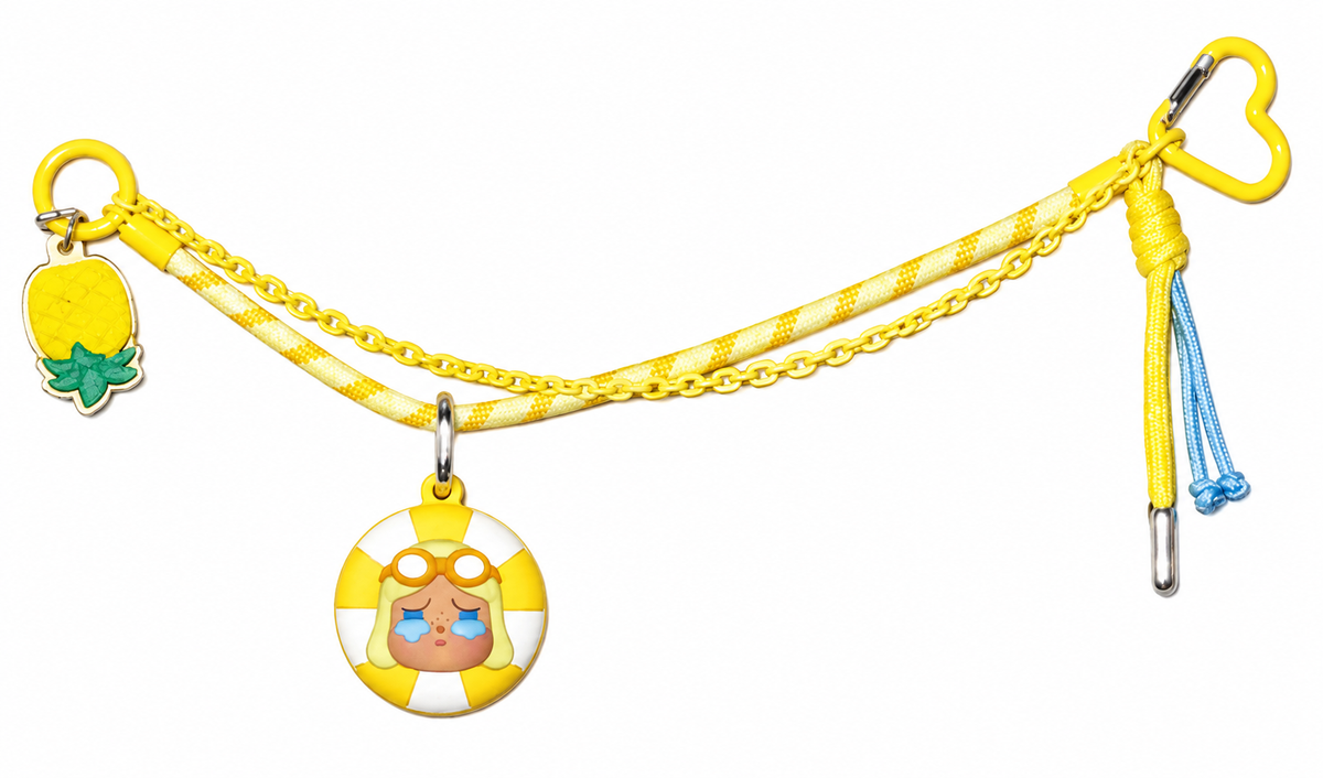 POP MART POP BEAN Island Vacation CRYBABY Sun Bath yellow multi-functional lanyard with pineapple charm and heart-shaped clip.