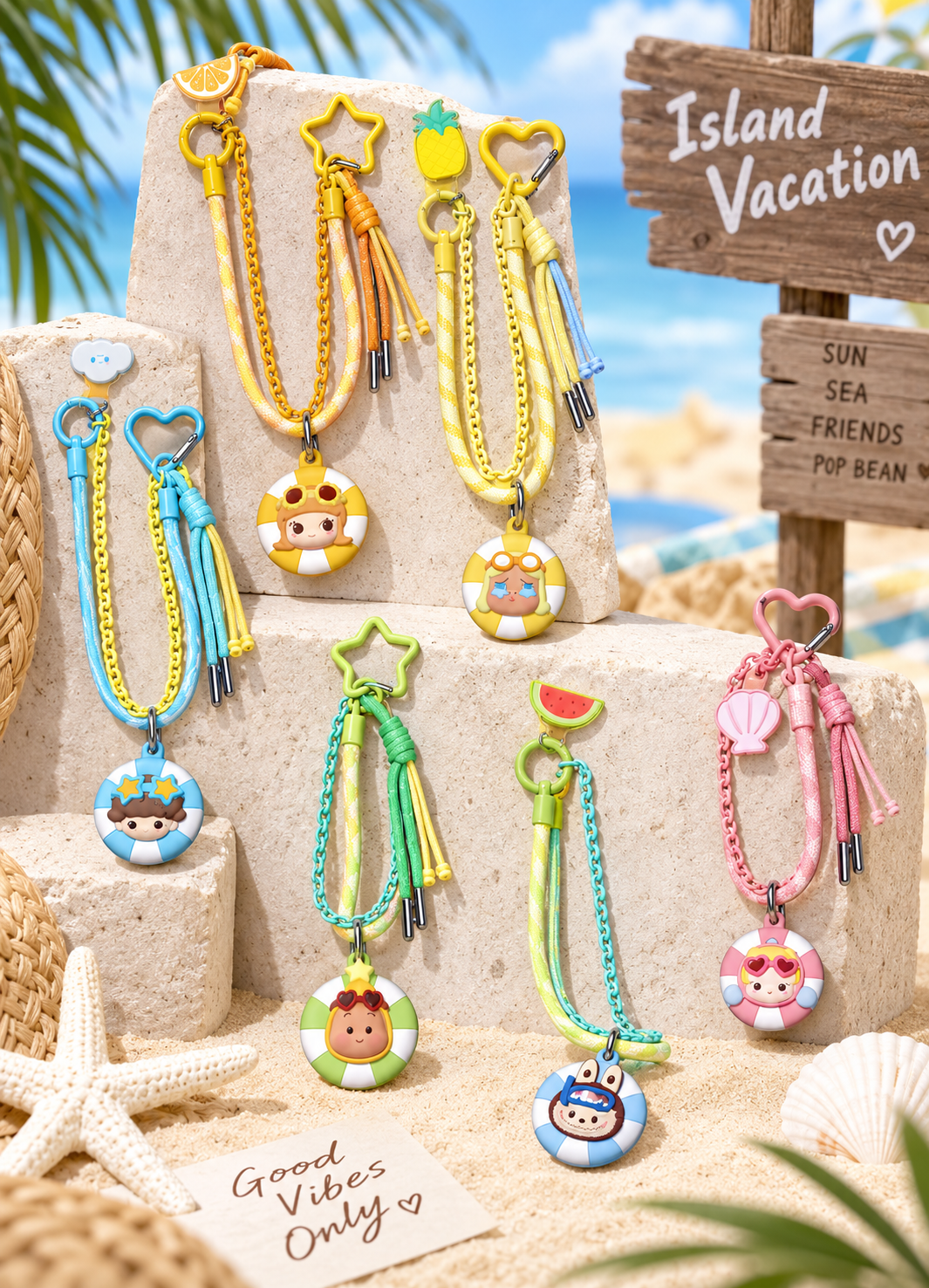 POP MART POP BEAN Island Vacation Series multi-functional lanyard collection featuring CRYBABY Sun Bath and other summer character designs displayed in a tropical beach setting.