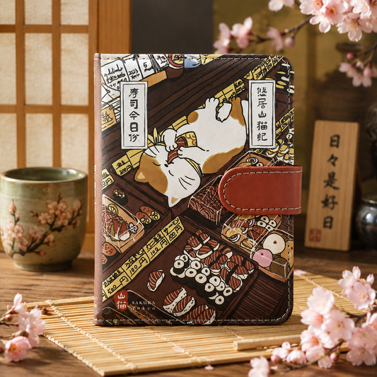 Sakura Tokyo Japan Sushi Cat notebook with illustrated cat and sushi design and brown magnetic closure.