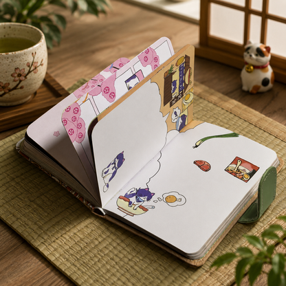 Open Sakura Tokyo Sushi Cat notebook showing illustrated internal pages with cats, Japanese food and cherry blossom designs.