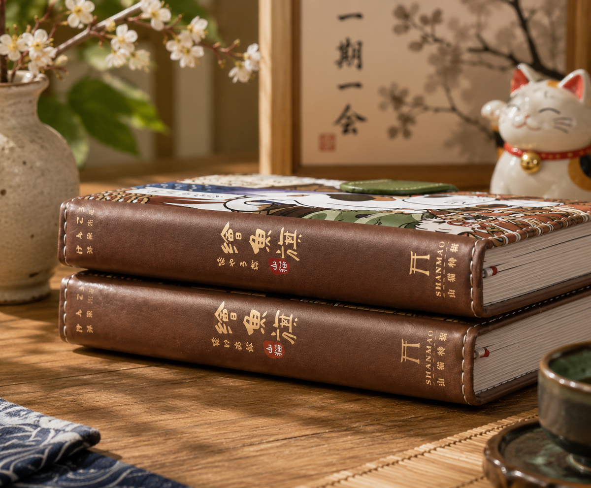 Two Sakura Tokyo Japanese cat notebooks stacked to show the brown faux-leather style spine, stitching and page thickness.
