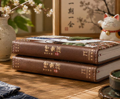 Two Sakura Tokyo Japanese cat notebooks stacked to show the brown faux-leather style spine, stitching and page thickness.