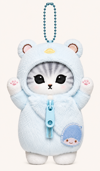 Mofusand grey cat plush keychain wearing little twins kiki sanrio character costume with zip detail
