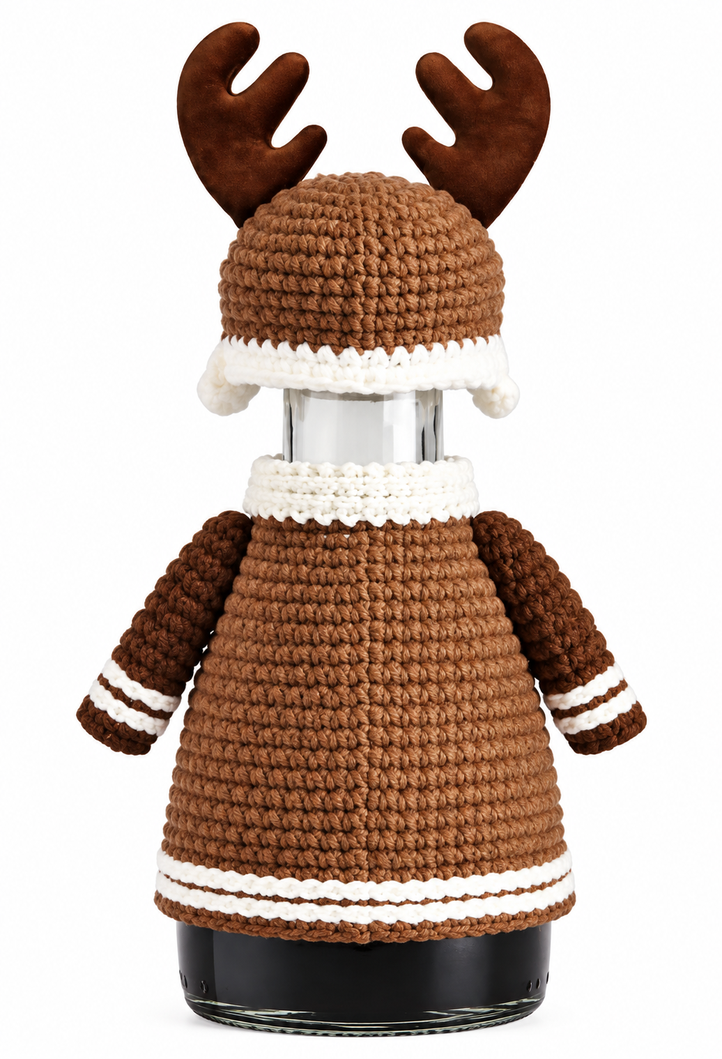 Back of Kikkoman limited-edition Christmas reindeer soy sauce bottle showing brown knitted-style jumper with white festive trim, matching hat and soft reindeer antlers.