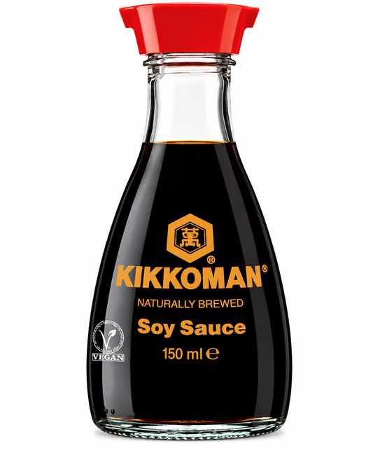 Kikkoman Naturally Brewed Soy Sauce 150ml reusable glass dispenser bottle with red cap, black and gold Kikkoman branding and dark soy sauce.