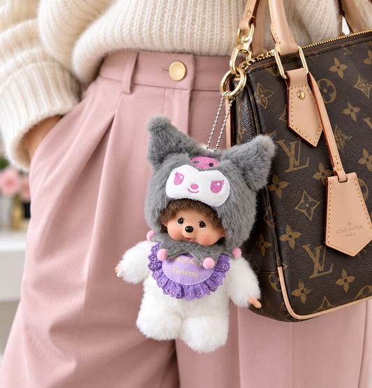 Monchhichi x Kuromi plush mascot keychain displayed on a designer-style handbag with cream knitwear and pink trousers.