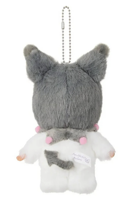 Back view of Monchhichi x Kuromi plush mascot showing grey hood, white plush body, tail and official collaboration tag.