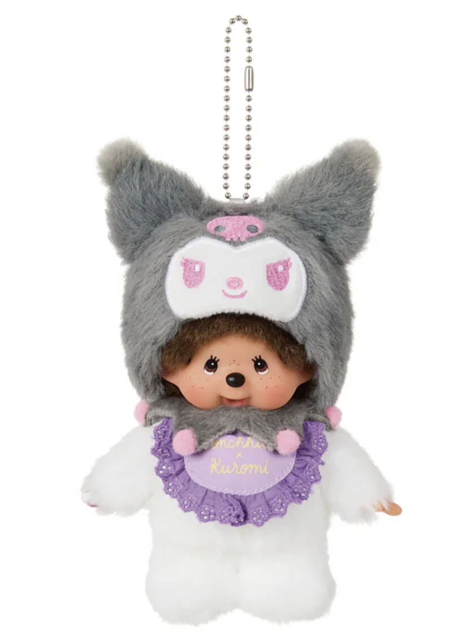 Monchhichi x Kuromi plush mascot keychain with grey Kuromi hood, purple lace bib and silver ball chain.