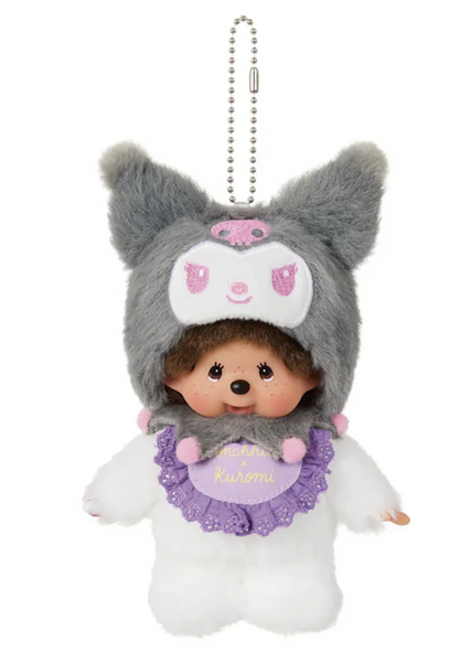Monchhichi x Kuromi plush mascot keychain with grey Kuromi hood, purple lace bib and silver ball chain.
