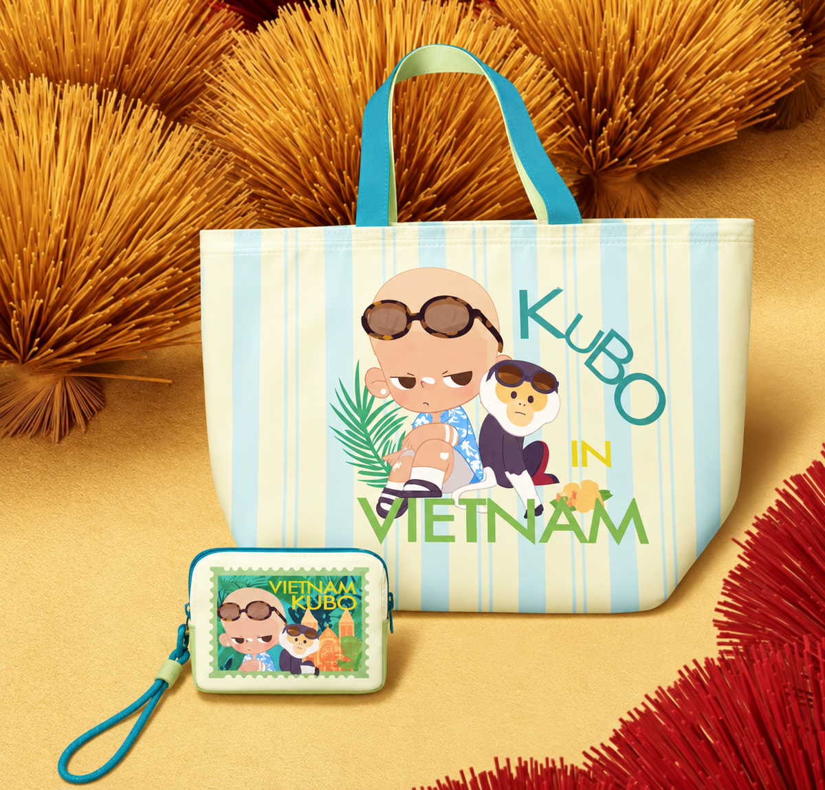 POP MART KUBO Vietnam Exclusive Foldable Tote Bag featuring KUBO and monkey tropical artwork, blue handles and matching storage pouch.