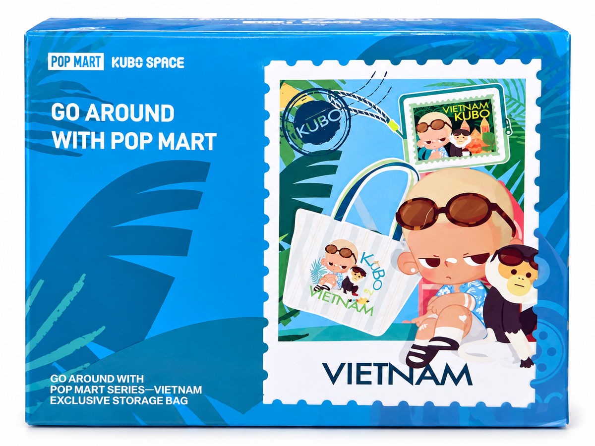 Official POP MART KUBO Space Go Around With POP MART Vietnam Exclusive Storage Bag in blue presentation packaging featuring KUBO and tropical Vietnamese artwork.