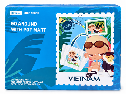 Official POP MART KUBO Space Go Around With POP MART Vietnam Exclusive Storage Bag in blue presentation packaging featuring KUBO and tropical Vietnamese artwork.