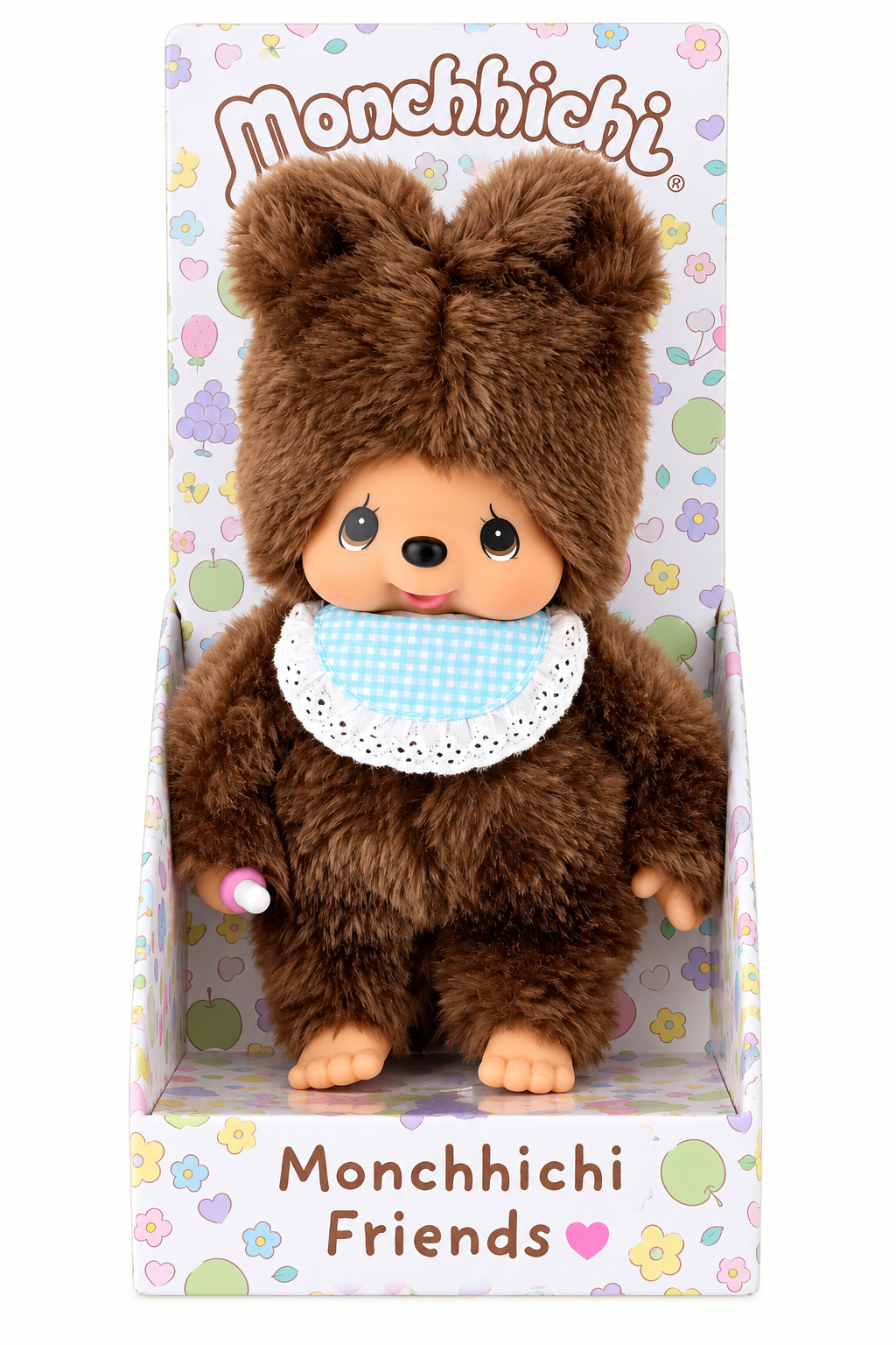 Sekiguchi Monchhichi Friends Kuma brown bear plush in original floral display box
