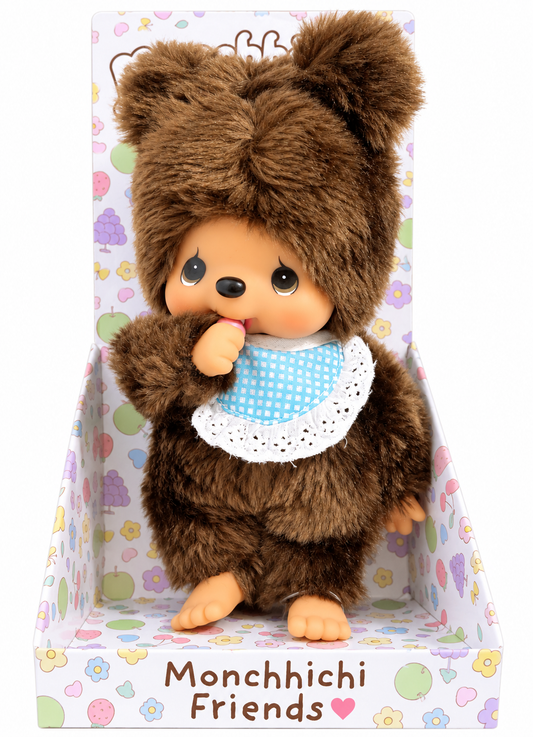 Monchhichi Friends Kuma bear plush with blue gingham bib sucking thumb in original display box