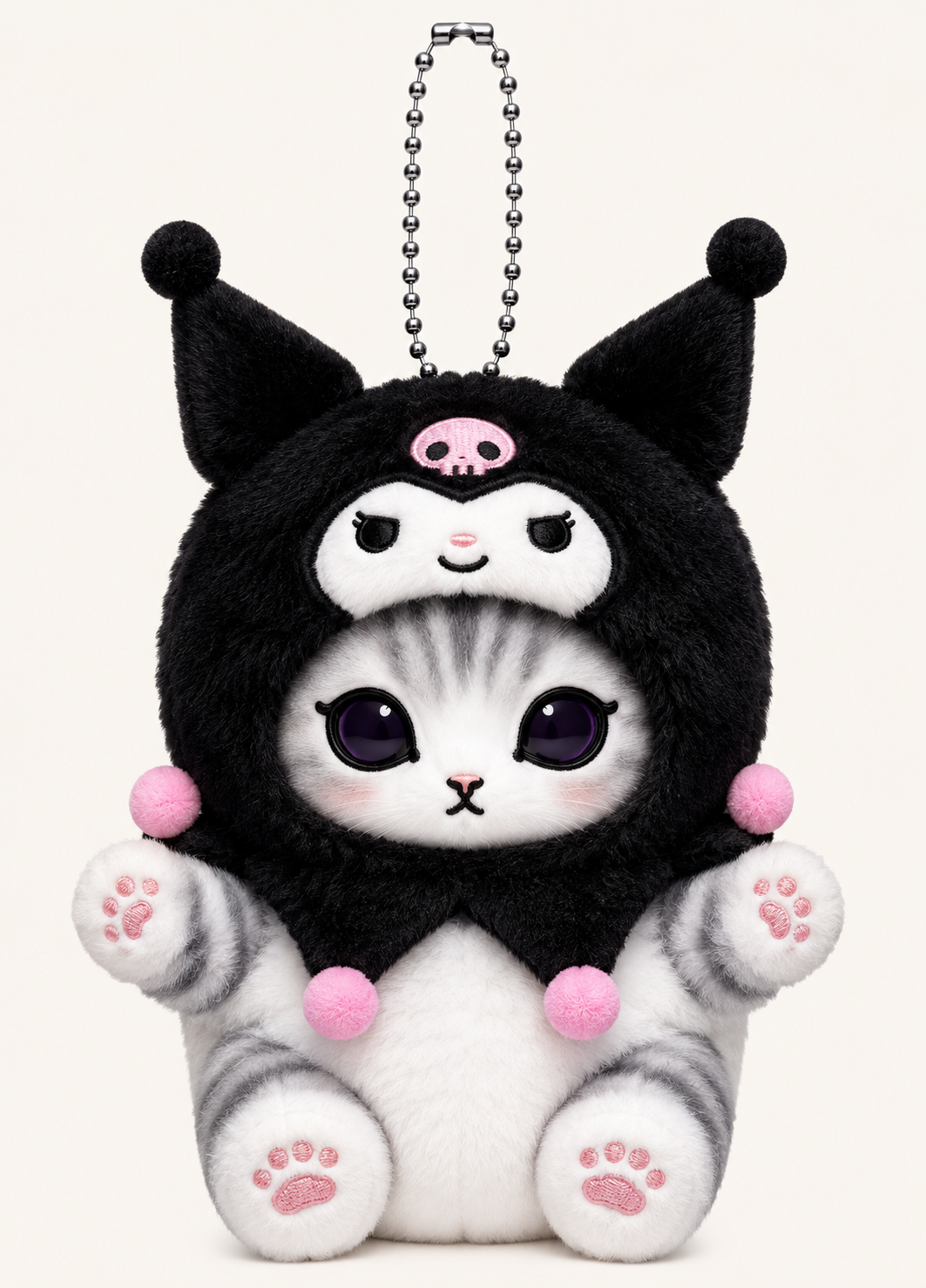Mofusand grey cat plush keychain dressed as Kuromi in a black hood with pink skull detail