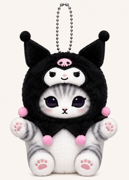 Mofusand grey cat plush keychain dressed as Kuromi in a black hood with pink skull detail