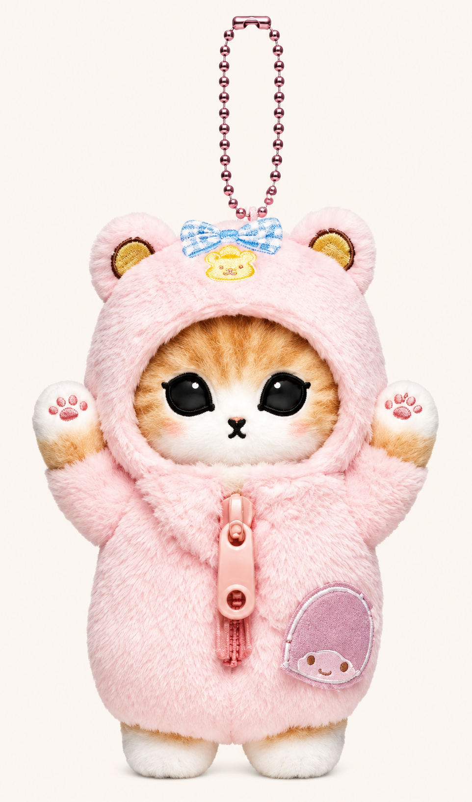 Mofusand ginger cat plush keychain wearing a pink little twins lala Sanrio character outfit
