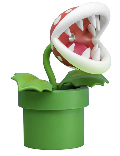 Super Mario Piranha Plant posable LED lamp by Paladone featuring an open red and white mouth, sharp teeth, green leaves and iconic green pipe.