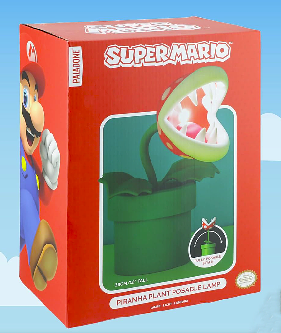 Paladone Super Mario Piranha Plant 33cm posable LED lamp in original red Nintendo presentation box featuring Mario artwork and product illustration.