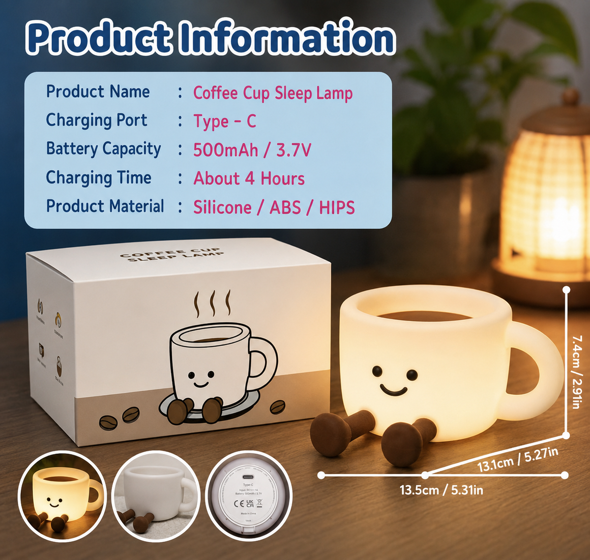 Large Coffee Cup Colour-Changing Sleep Lamp – Rechargeable Kawaii Night Light & Phone Stand