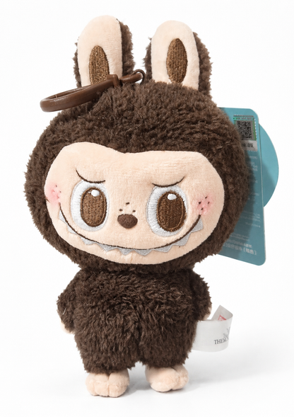 Brown POP MART Labubu POP LAND Classic plush pendant with embroidered face and matching hanging clip.