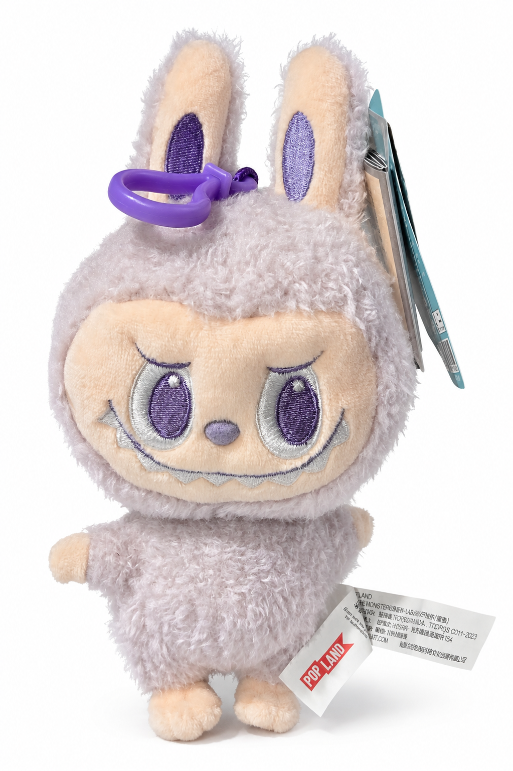 Lilac POP MART Labubu POP LAND Classic plush pendant with embroidered face and matching hanging clip.