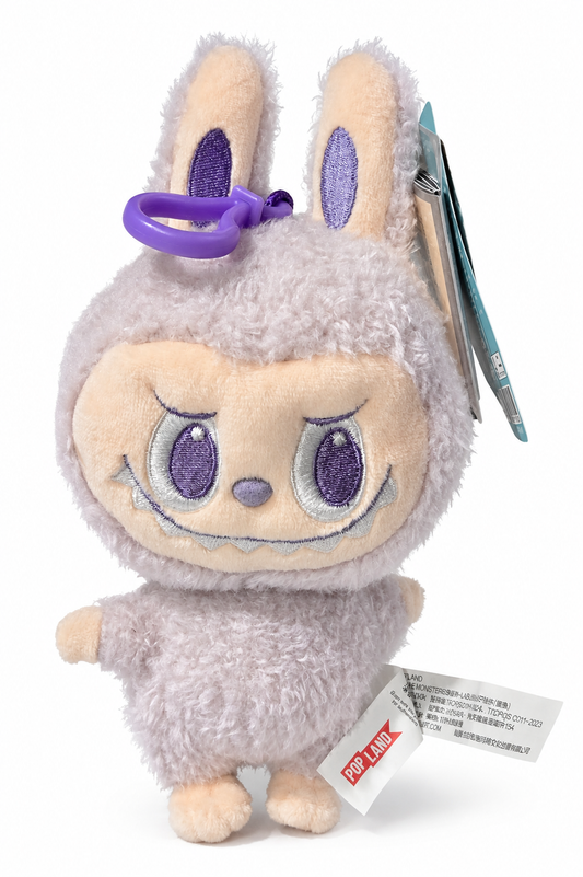 Lilac POP MART Labubu POP LAND Classic plush pendant with embroidered face and matching hanging clip.