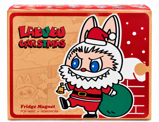 POP MART Labubu Let's Christmas fridge magnet mystery blind box featuring Labubu dressed as Santa Claus.